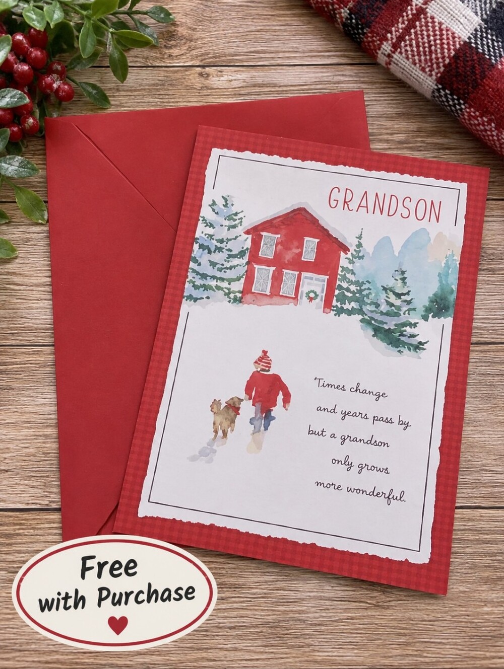 Free With Purchase Grandson Holiday Christmas Card with Red Envelope